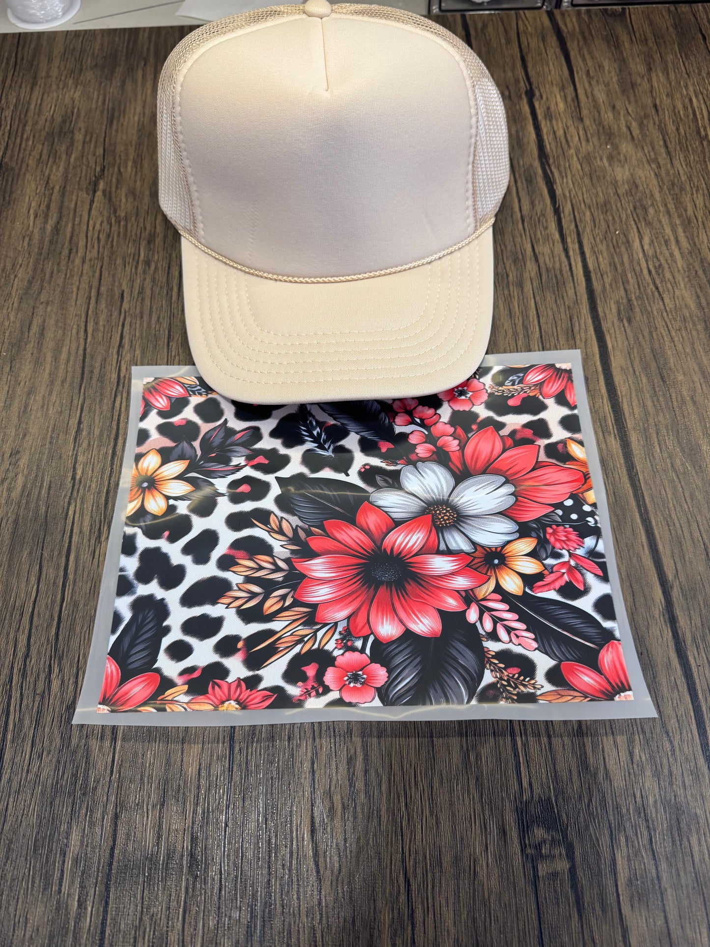 Red Flower Black Leopard Single Hat Bill DTF Prints