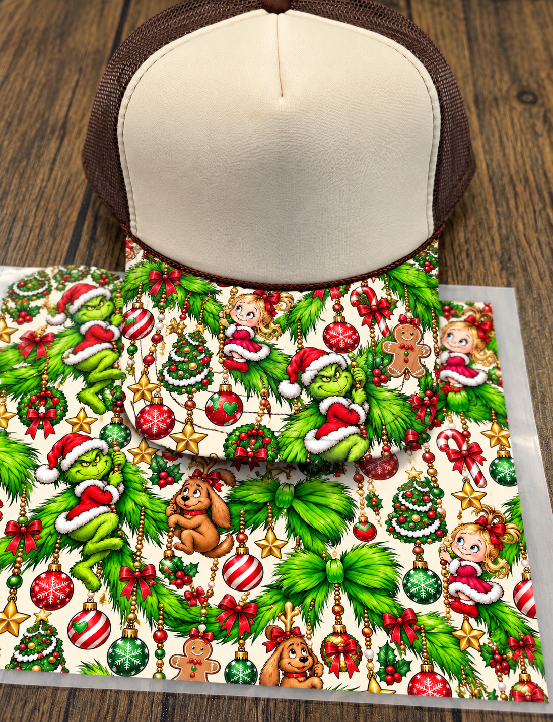 Grinch Bow Single Hat Bill DTF Prints