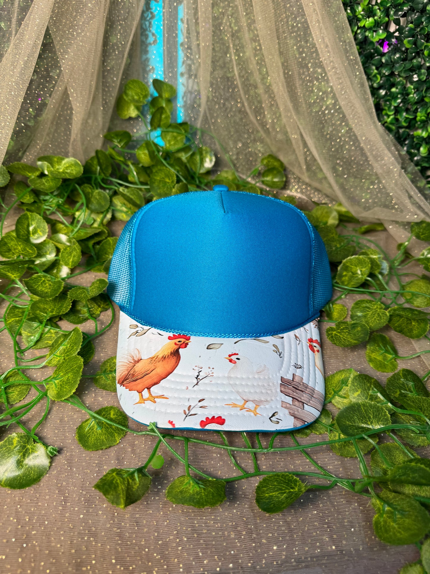 Neon Blue with Chicken Print Hat DTF Premade