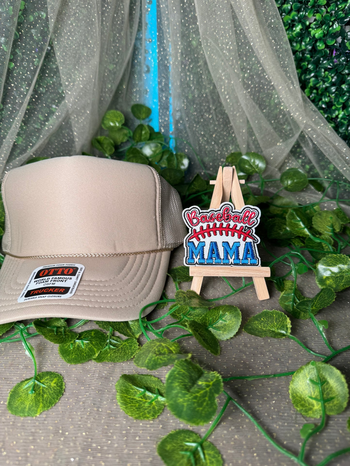 Red and Blue Baseball Mama Hat Patches Wholesale