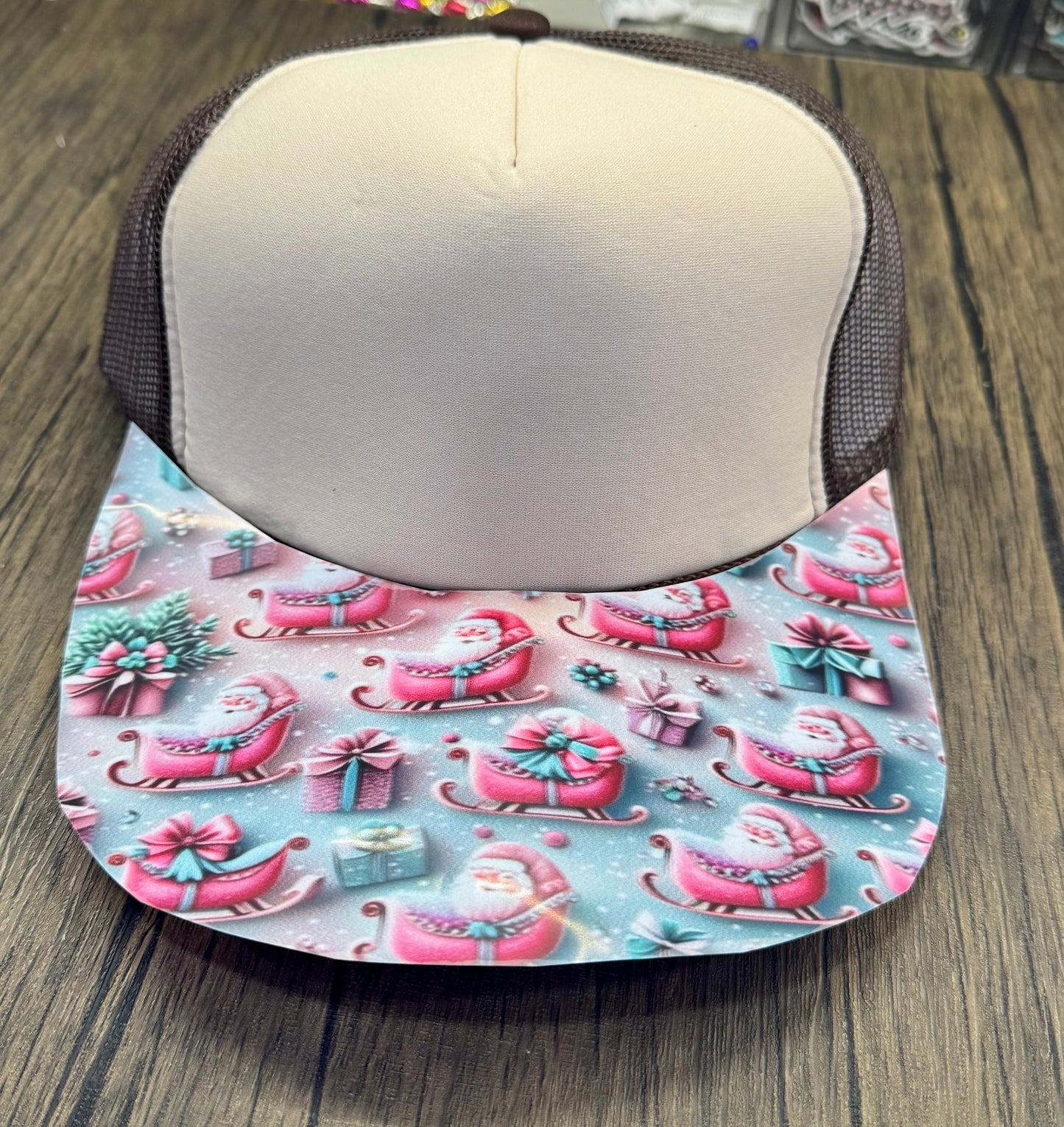 Pink and Teal Santa Sleigh Hat DTF Premade
