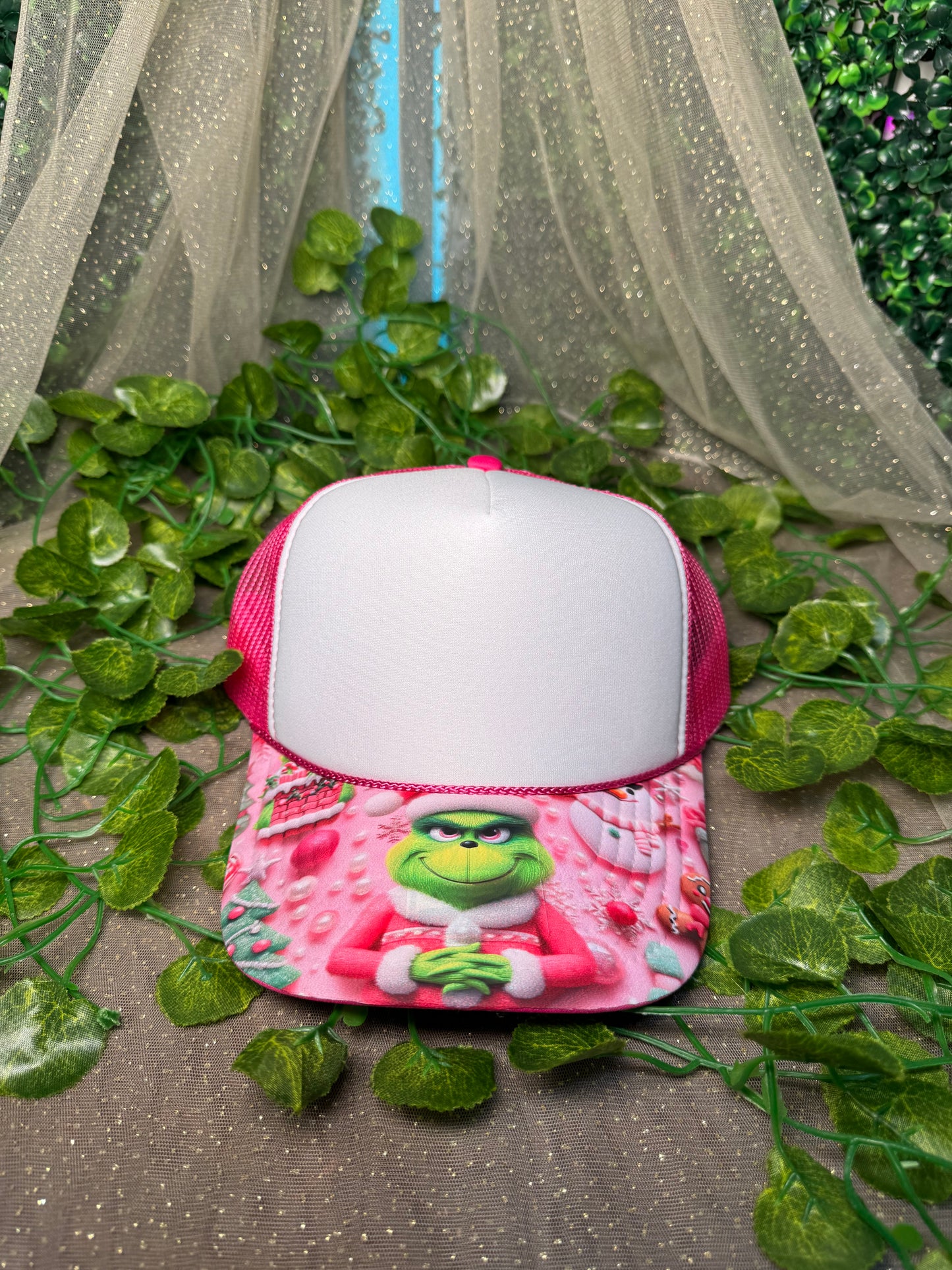 Pink With Pink Grinch Print Hat DTF Premade