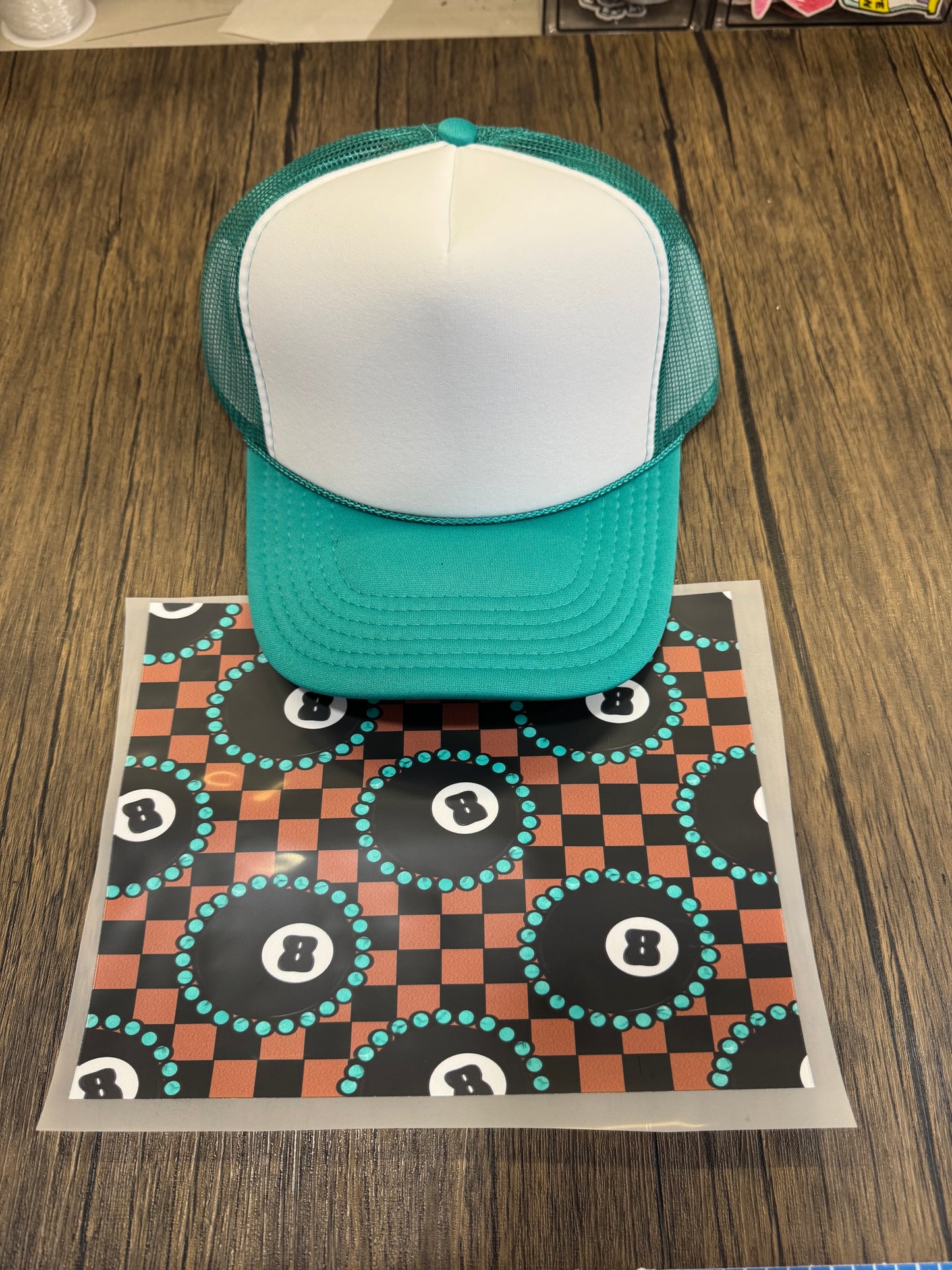 Brown 8 Ball Checkered Single Hat Bill DTF Prints
