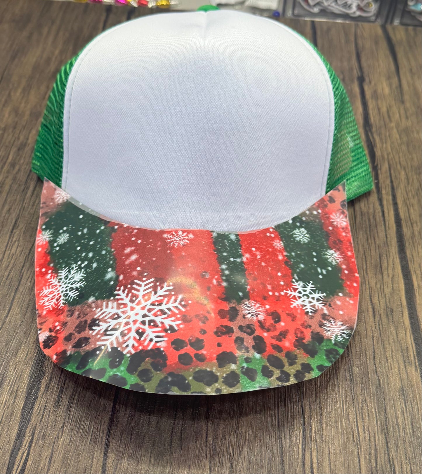 Green and Red Snowflake Leopard Hat DTF Premade