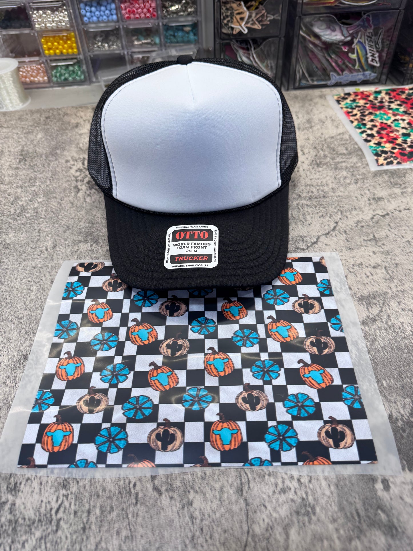 Checkered Pumpkin Single Hat Bill DTF Prints