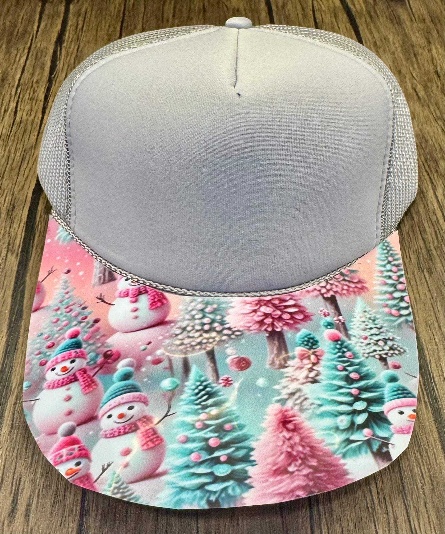 Pink and Teal Trees and Snowmen Hat DTF Premade
