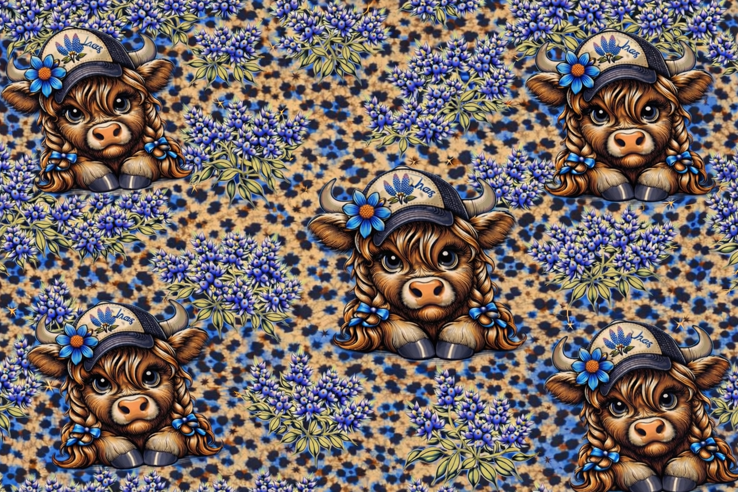 Blue bonnet highland cow Single Hat Bill Prints