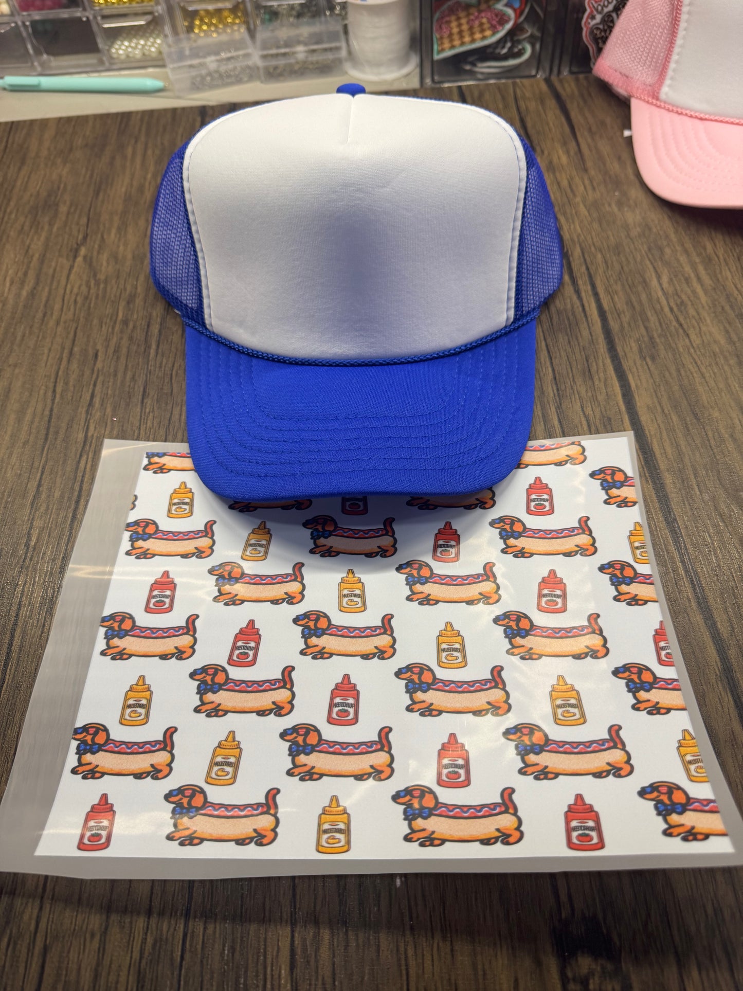 Patriotic Weenie Dog with Mustard Single Hat Bill DTF Prints