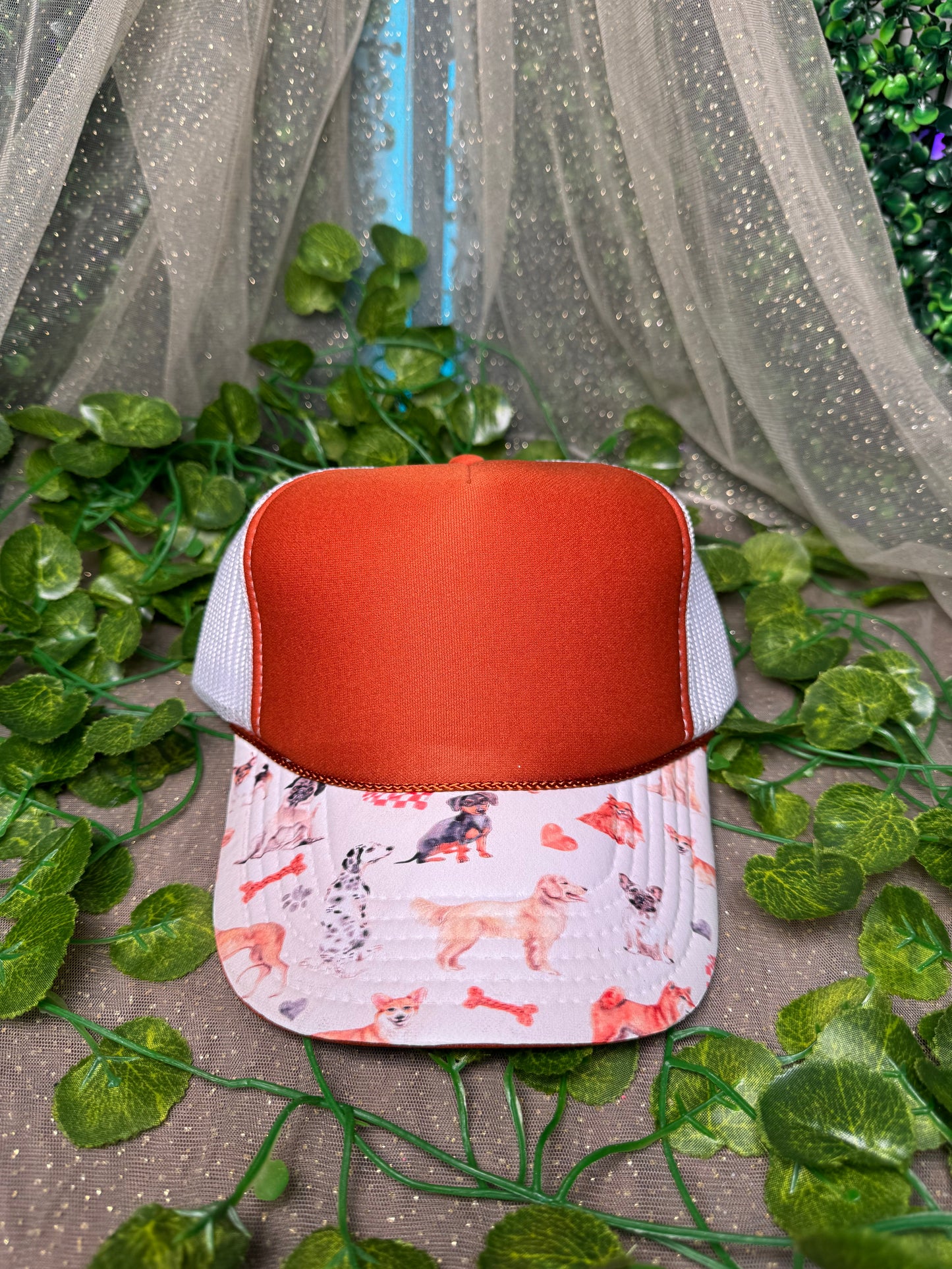 Burnt Orange with Dog Print Hat DTF Premade