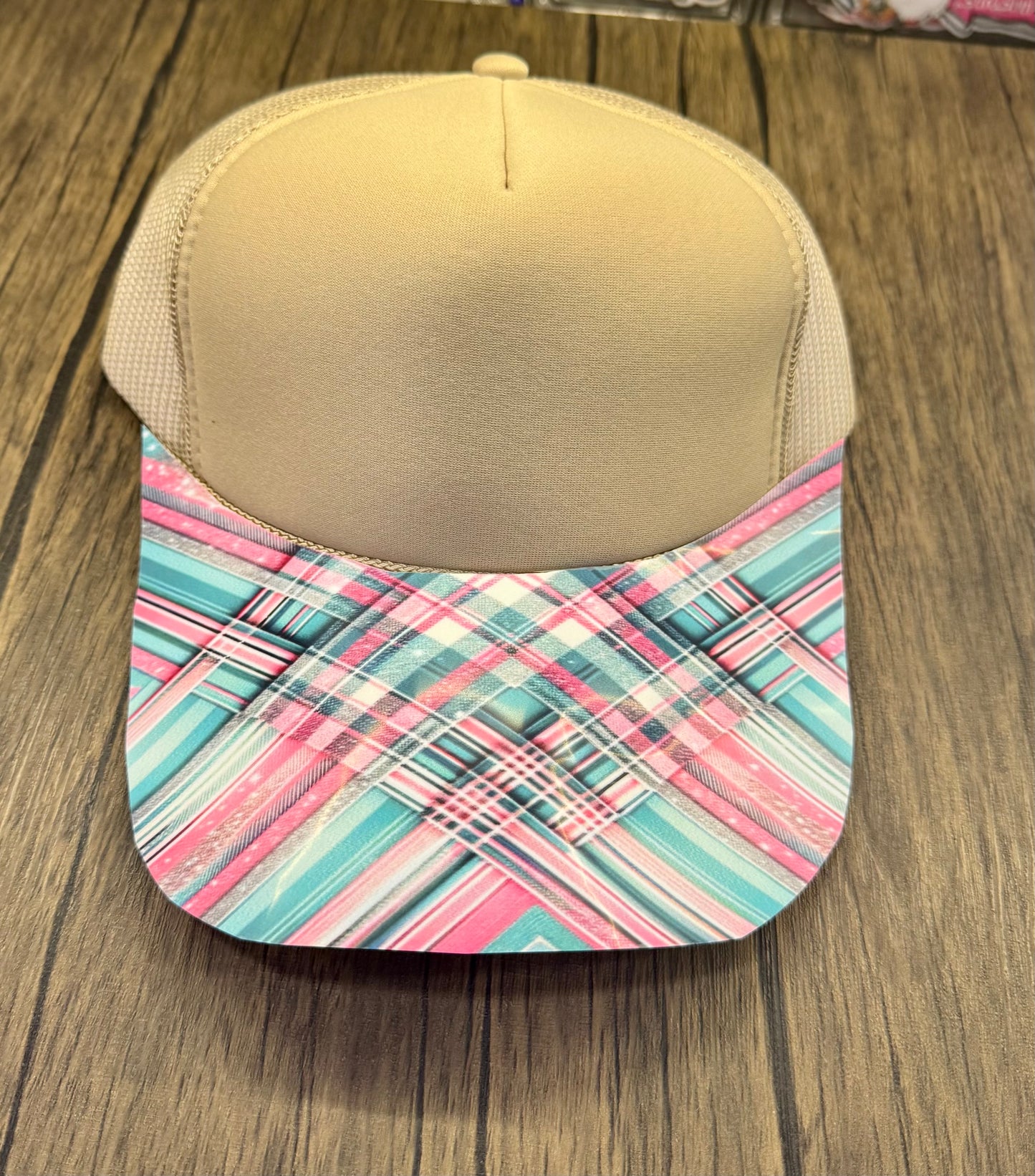 Pink And Teal Cross Strips Hat DTF Premade