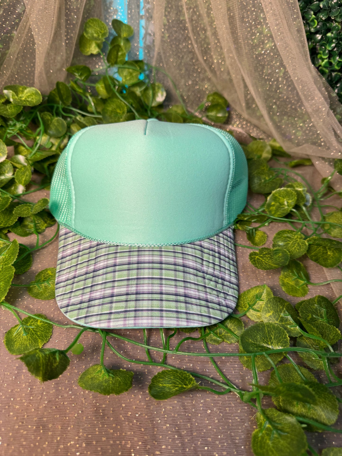 Sea Foam with Green and Blue Plaid Hat DTF PREMADE
