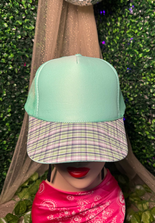 Mint Plaid Blank Trucker Hat