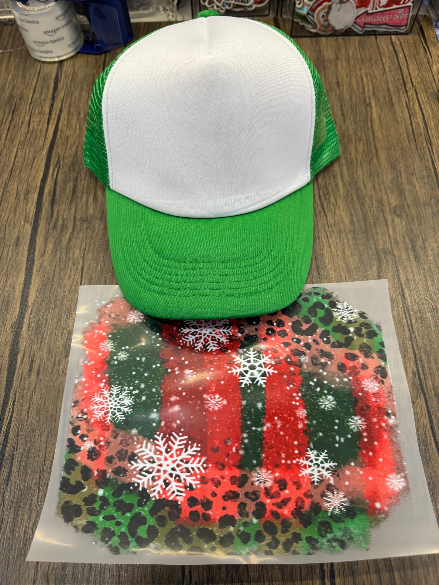 Red and Green Leopard Snowflakes Single Hat Bill DTF Prints
