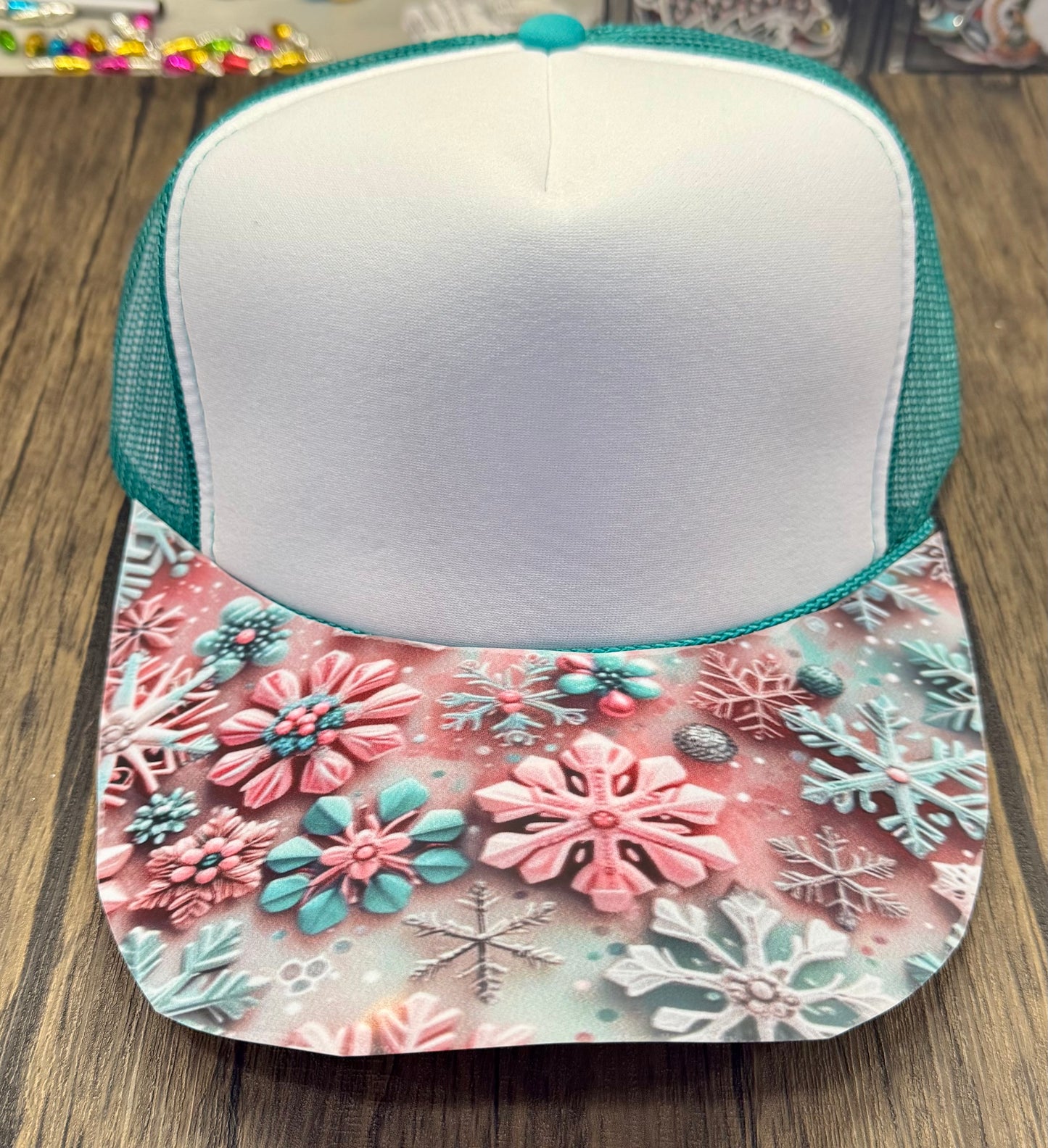 Pink and Teal Snowflake Hat DTF Premade