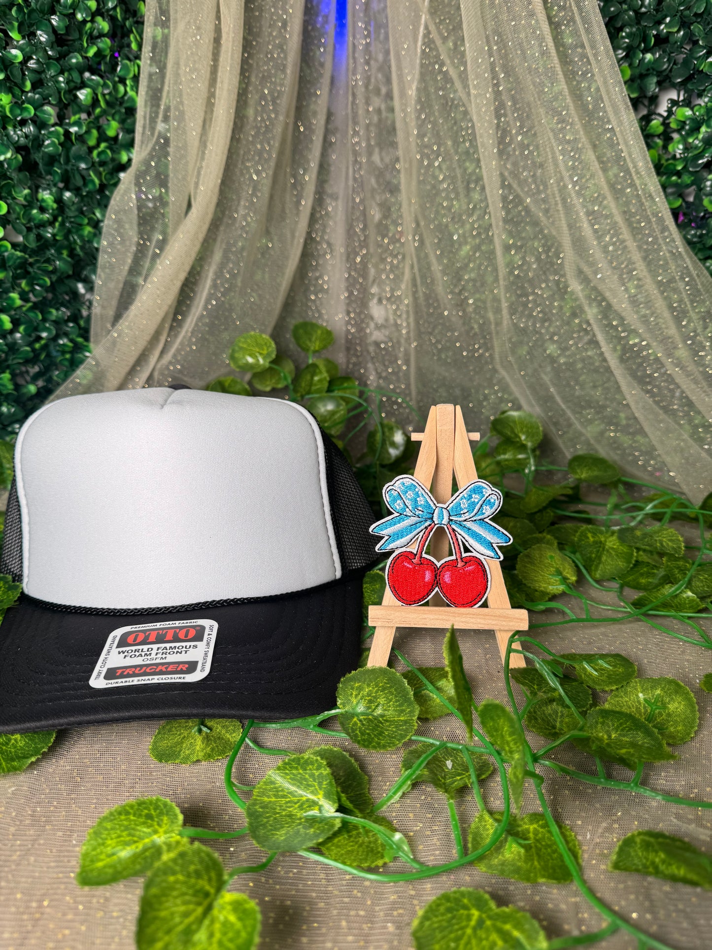 Light Blue Bow Cherries  Hat Patch Wholesale