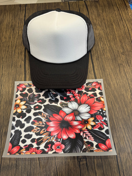 Red Flower Black Leopard Single Hat Bill DTF Prints