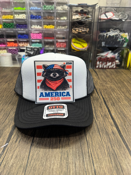 America Raccoon Single Front Hat DTF Prints