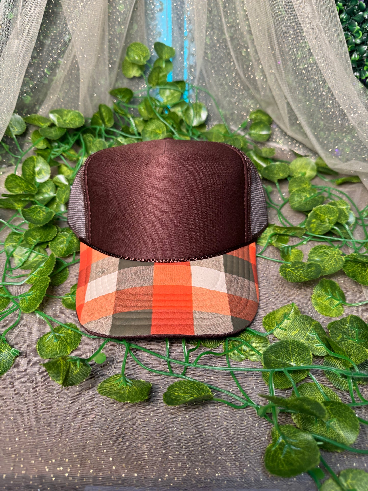 Brown With Orange and Cream Plaid Hat DTF PREMADE