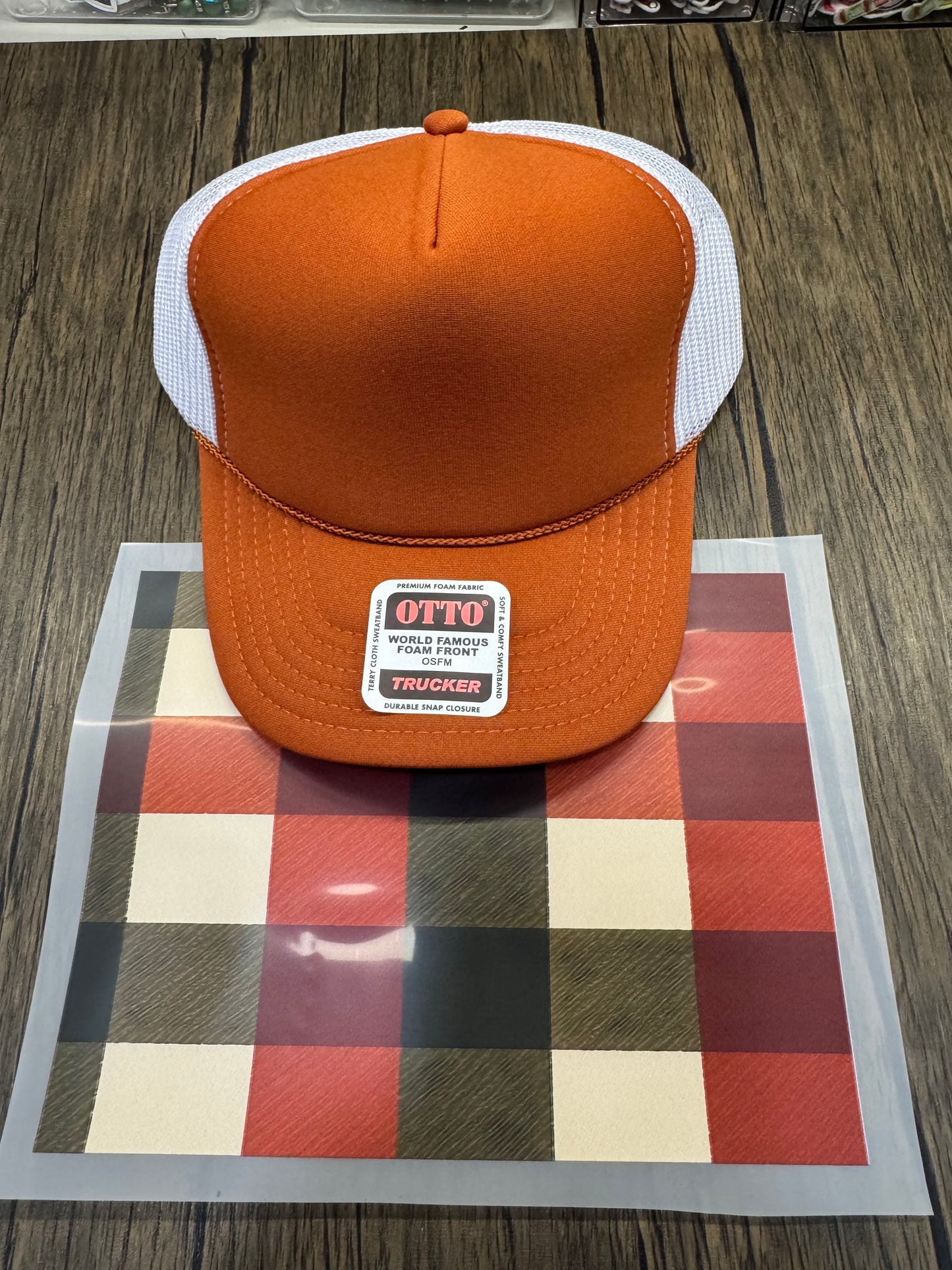 Orange Green and Cream Plaid Single Hat Bill DTF Prints