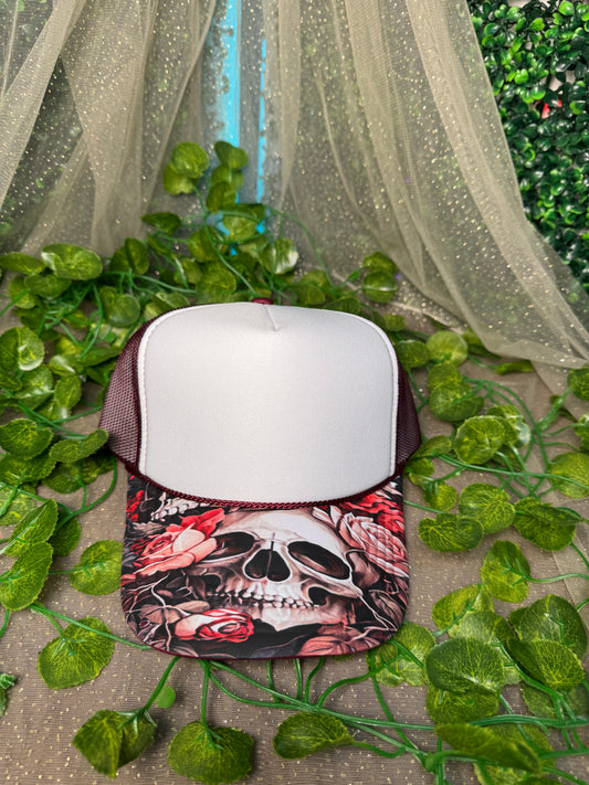 Maroon with Scull Roses Print Hat Premade
