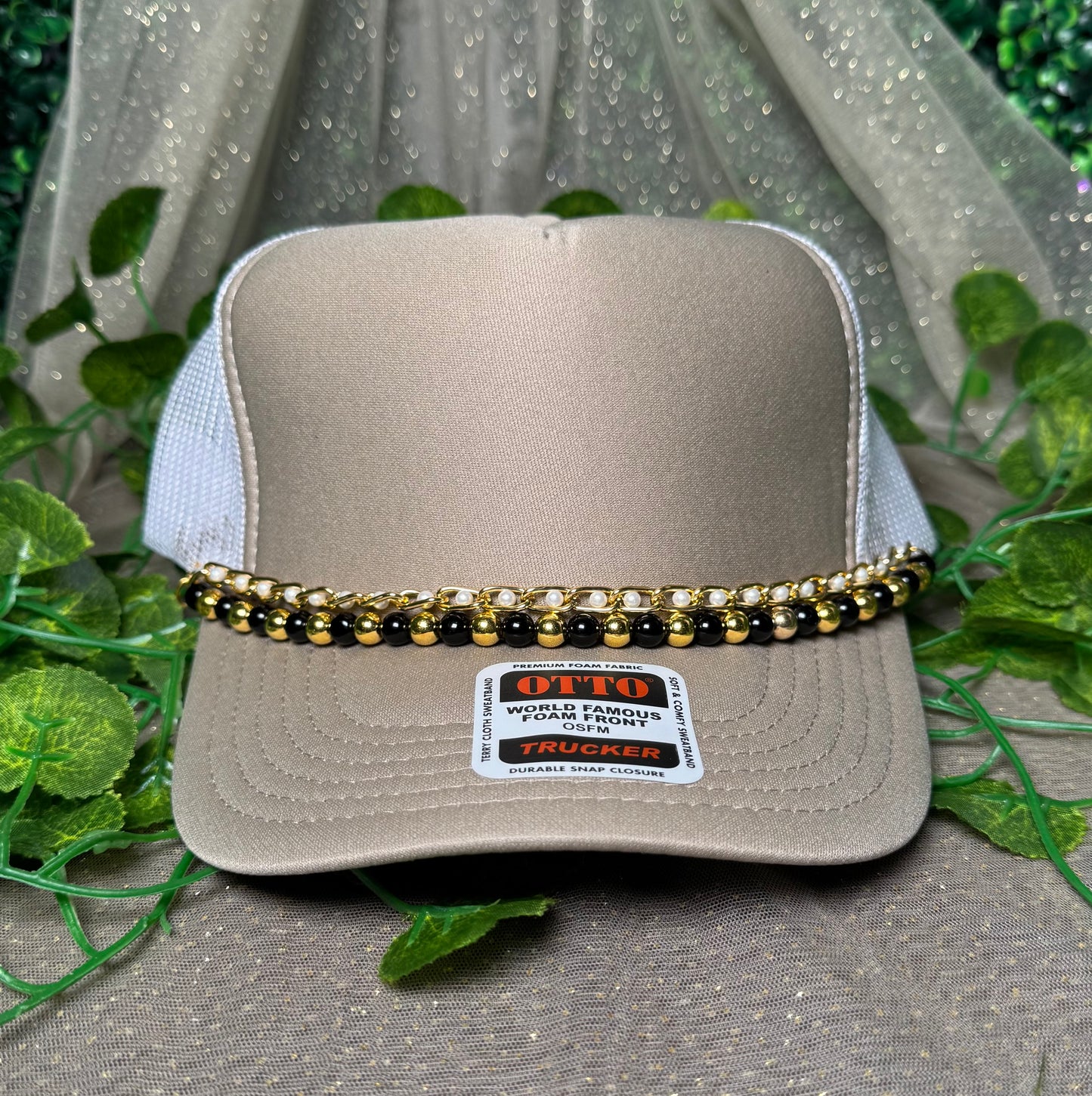 Black and Gold Pearl Double Chain Hat Chain Wholesale