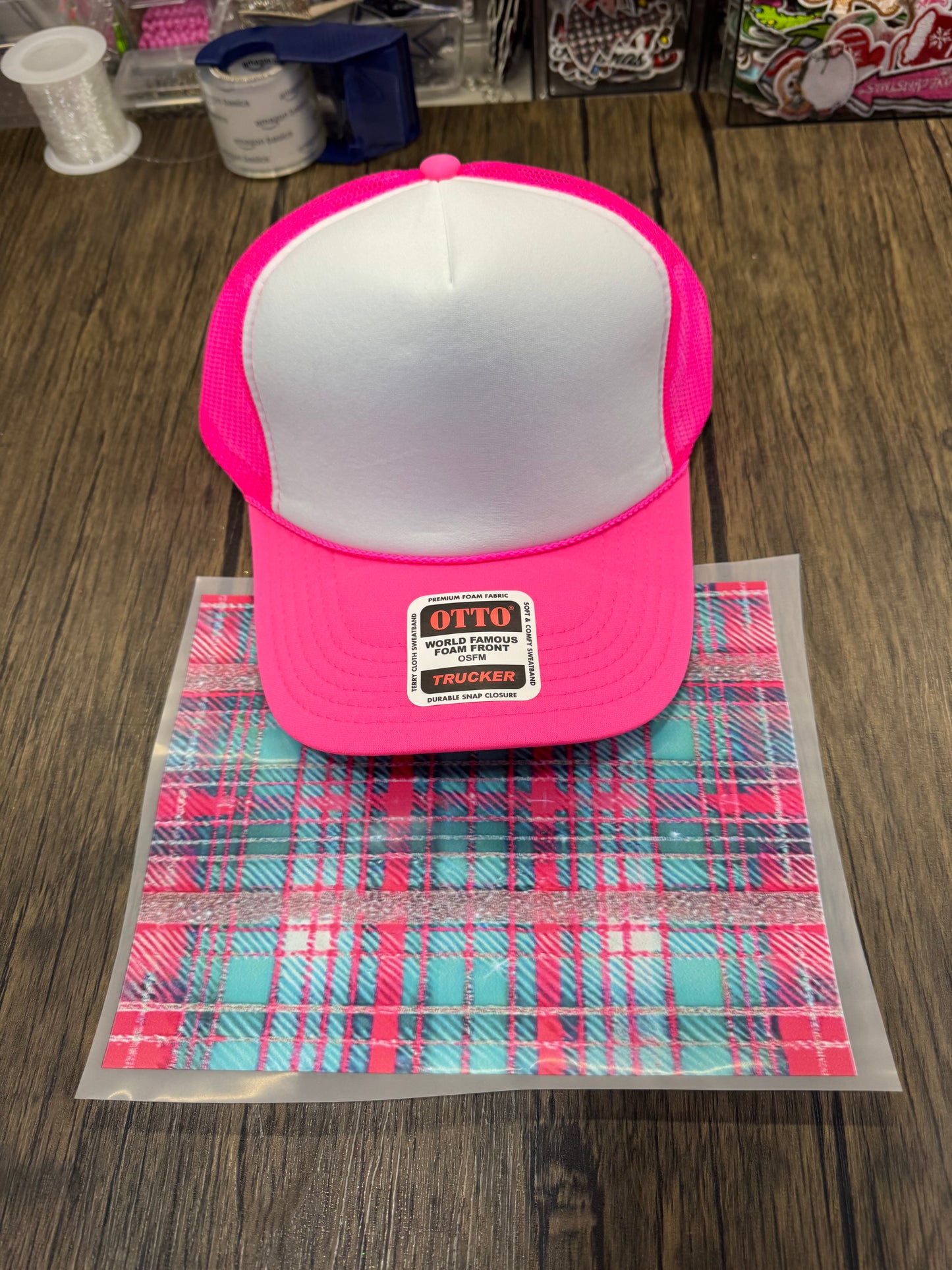 Pink and Teal Plaid Single Hat Bill DTF Prints