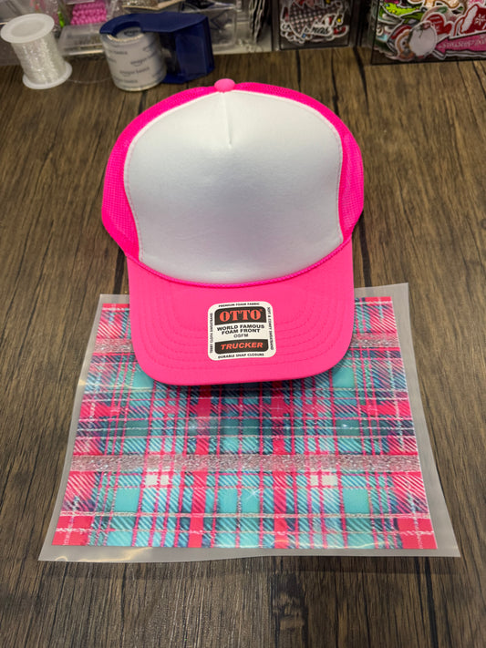Pink and Teal Plaid Single Hat Bill DTF Prints