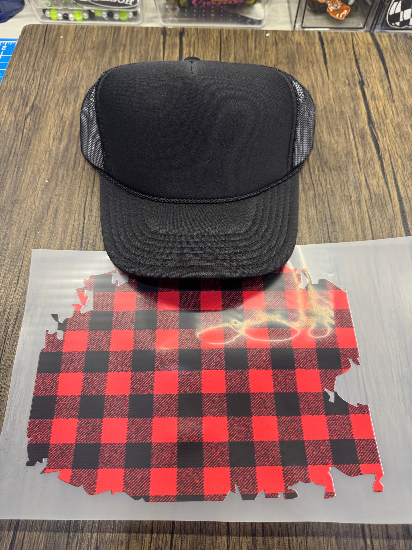 Red And Black Plaid Single Hat Bill DTF Prints