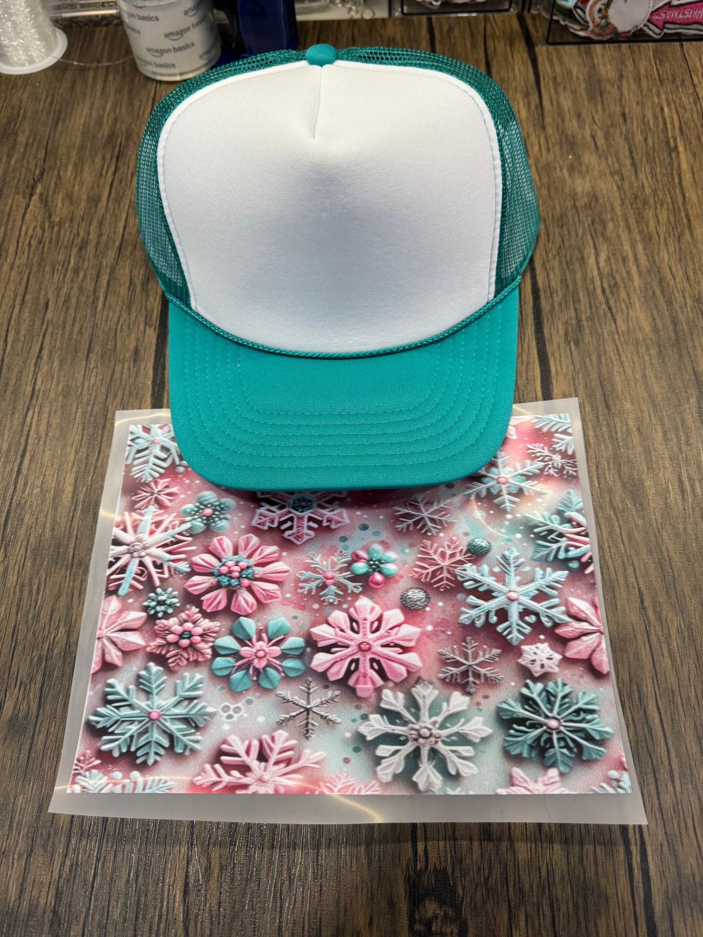 Pink and Teal Snowflakes Single Hat Bill DTF Prints