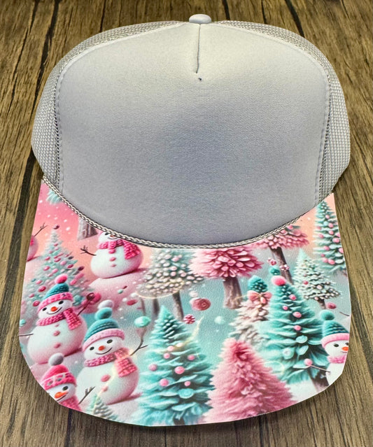 Pink and Teal Trees and Snowmen Hat DTF Premade