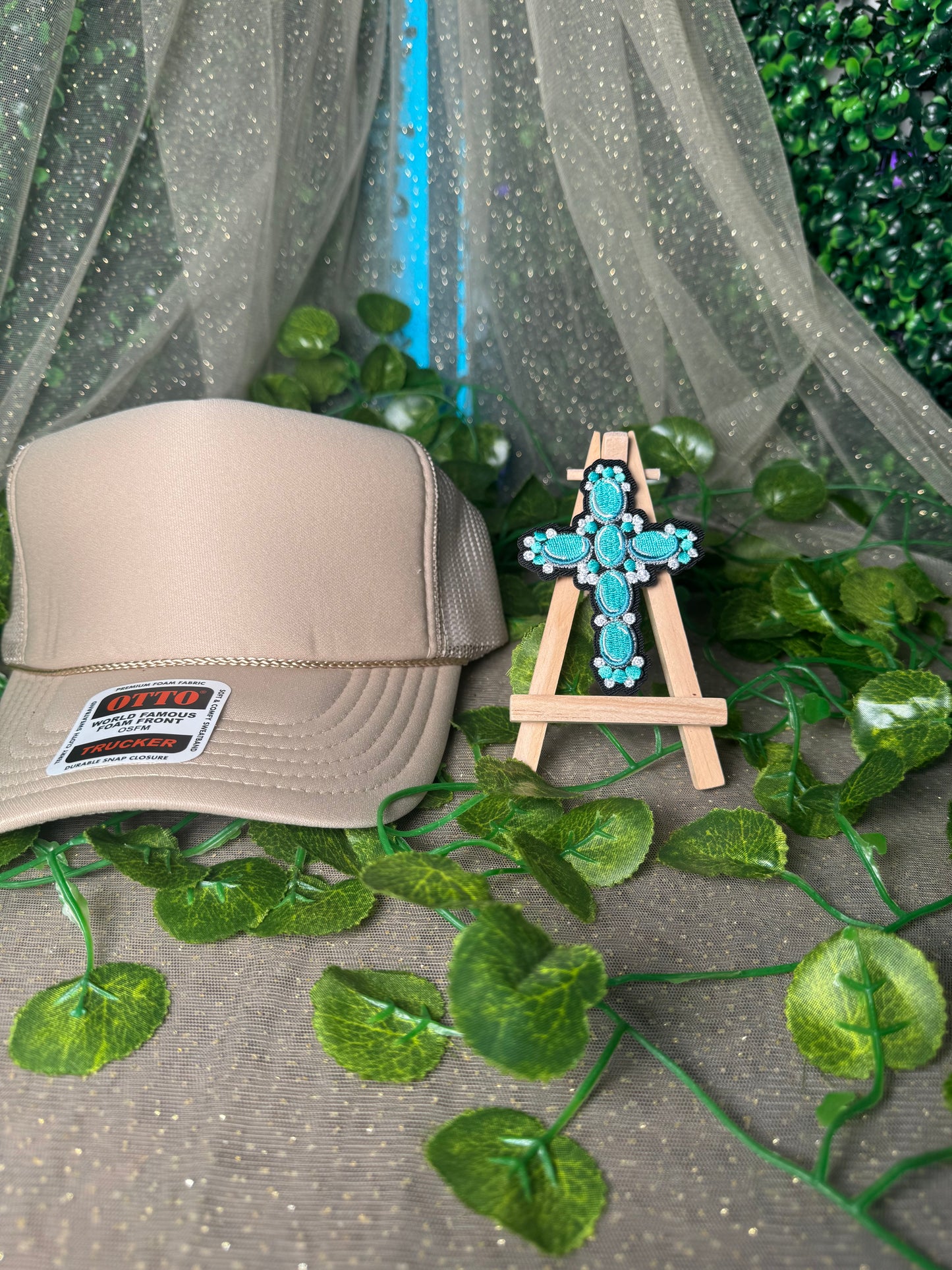 Turquoise and White Cross Hat Patches Wholesale