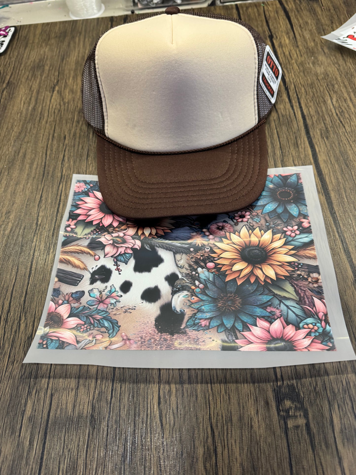 Cow Flowers Single Hat Bill DTF Prints