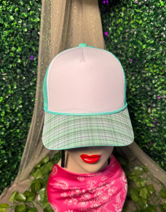 Mint and White Plaid Blank Trucker Hat