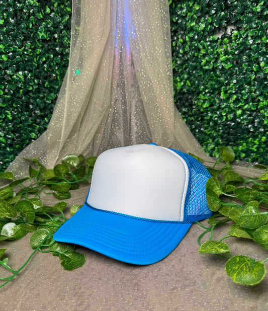 White and Neon Blue Foam Front Trucker Hat Wholesale