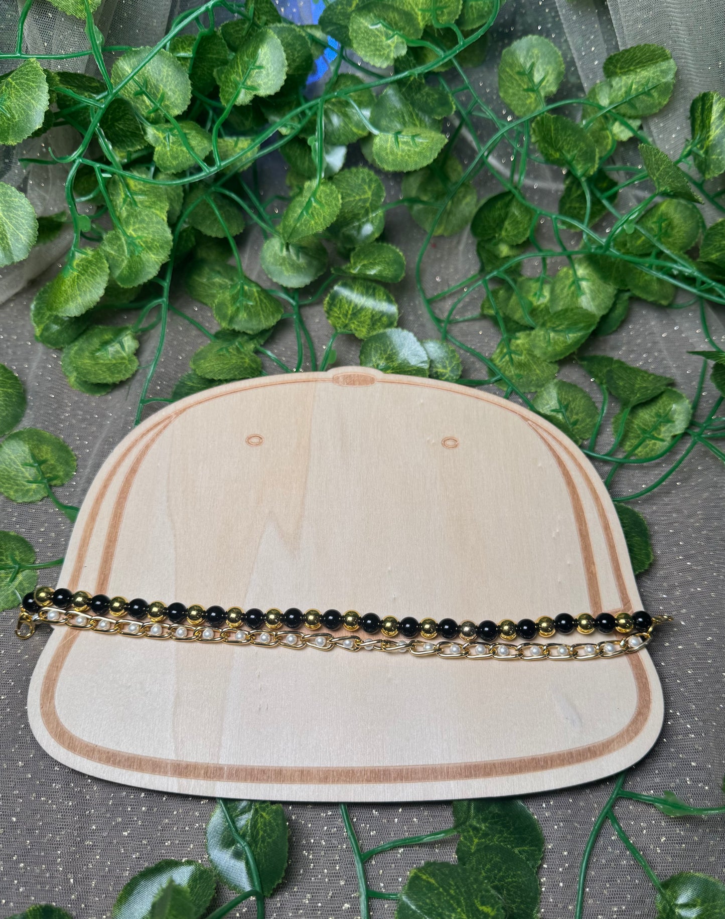 Black and Gold Pearl Double Chain Hat Chain Wholesale