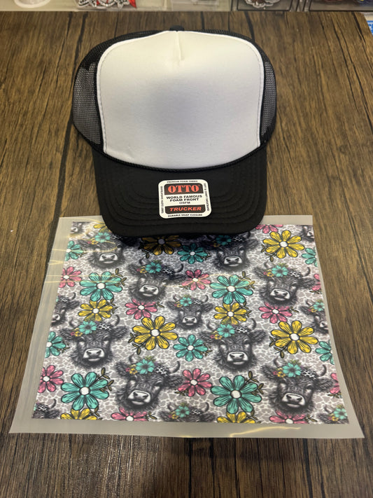 Highland Cow Flowers Single Hat Bill DTF Prints