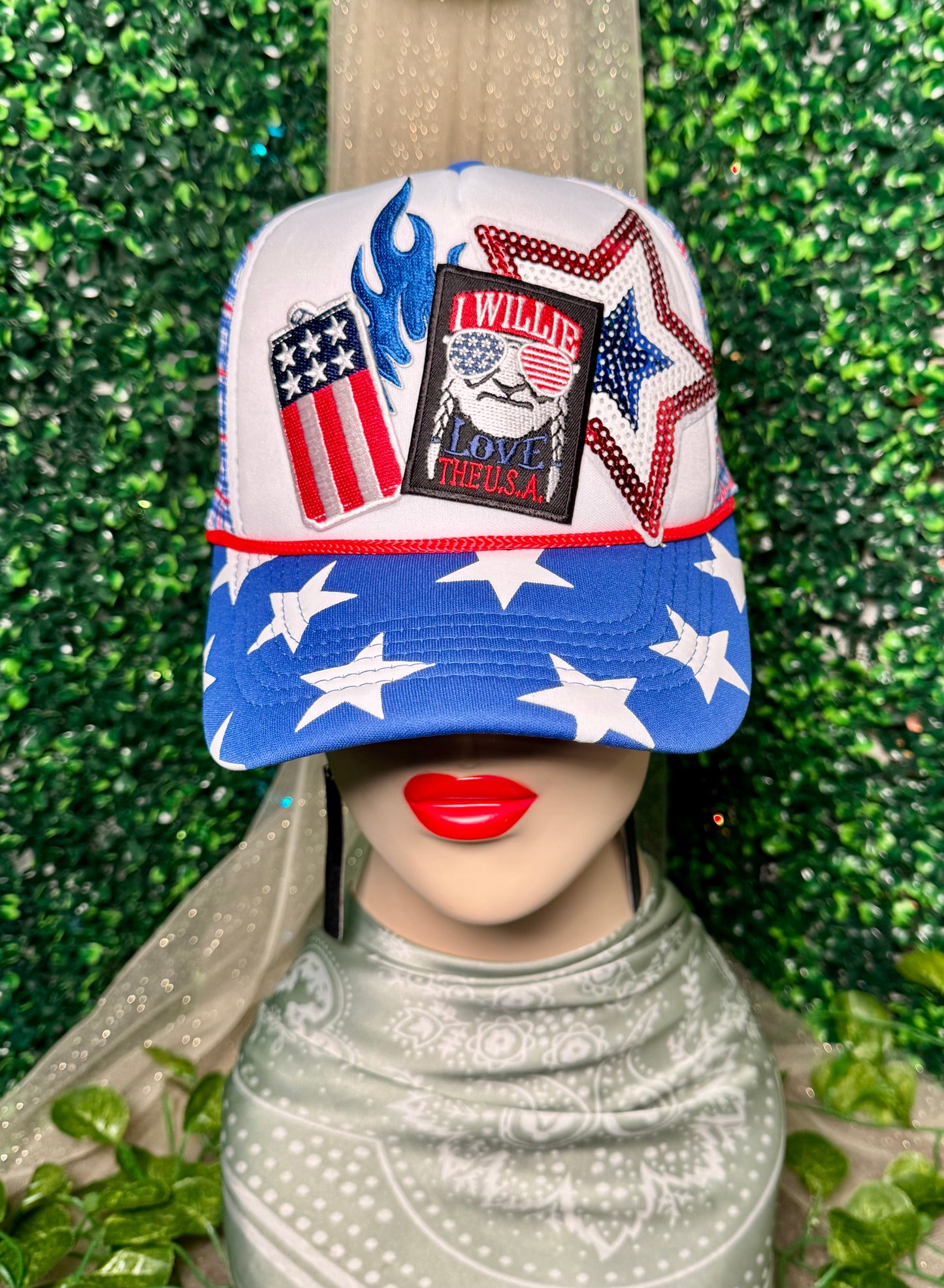 I Willie Love The USA Plaid Blue Stars Trucker Hat