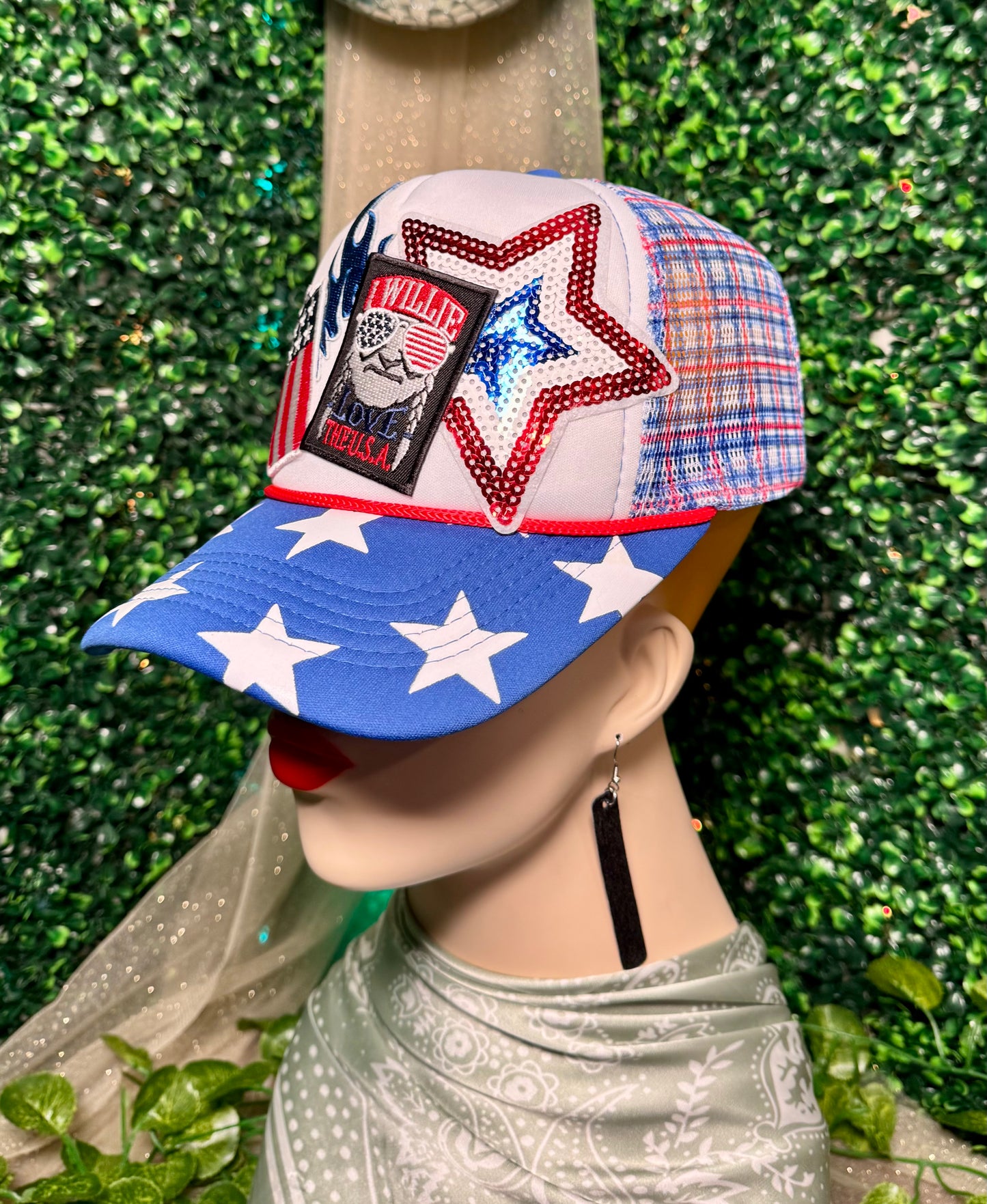I Willie Love The USA Plaid Blue Stars Trucker Hat