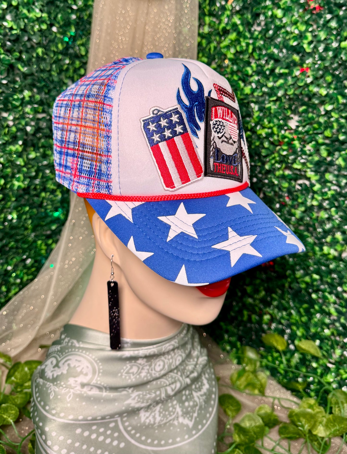 I Willie Love The USA Plaid Blue Stars Trucker Hat
