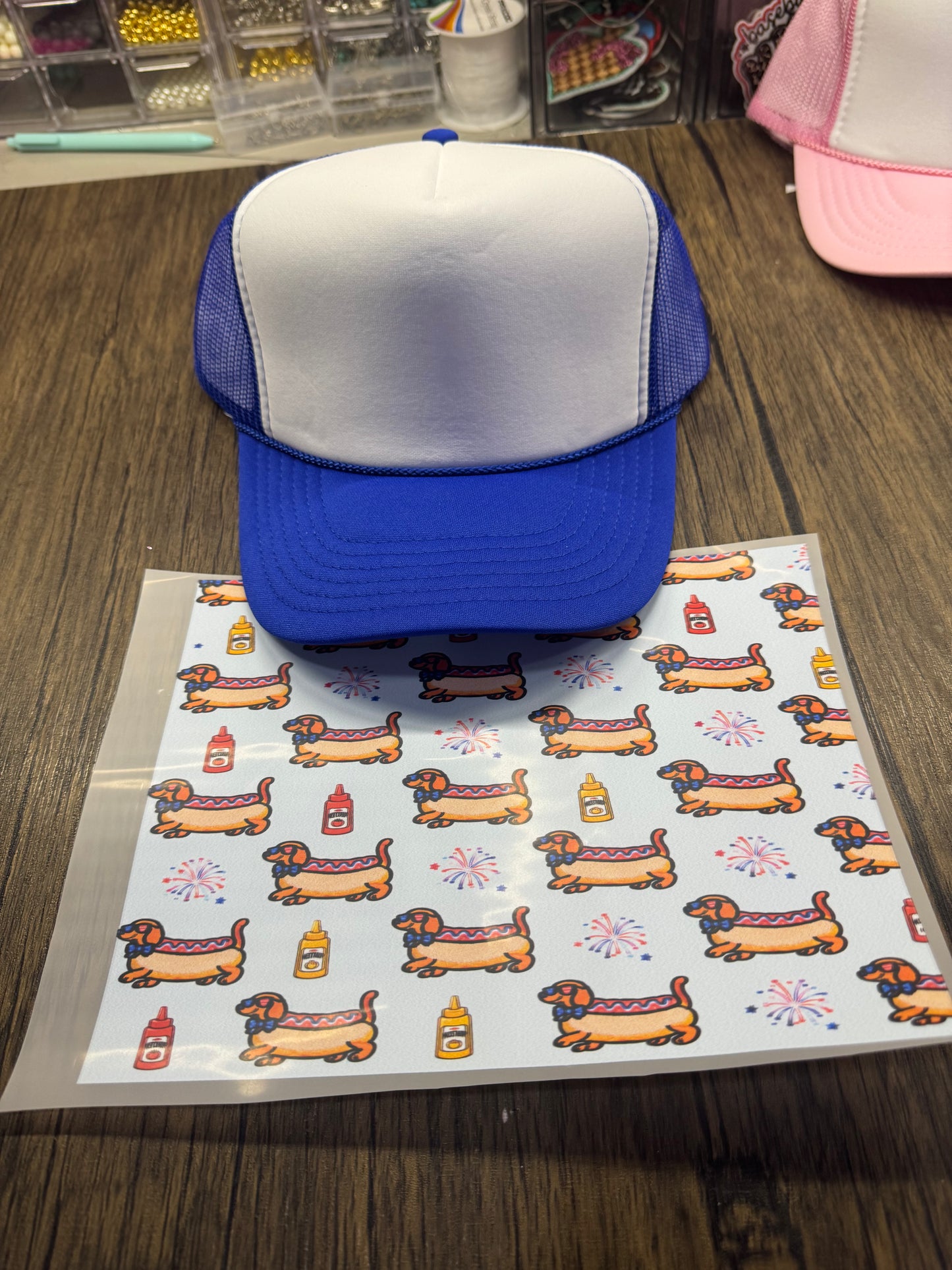 Patriotic Weenie Dog with Mustard Single Hat Bill DTF Prints