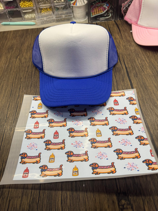 Patriotic Weenie Dog with Mustard Single Hat Bill DTF Prints