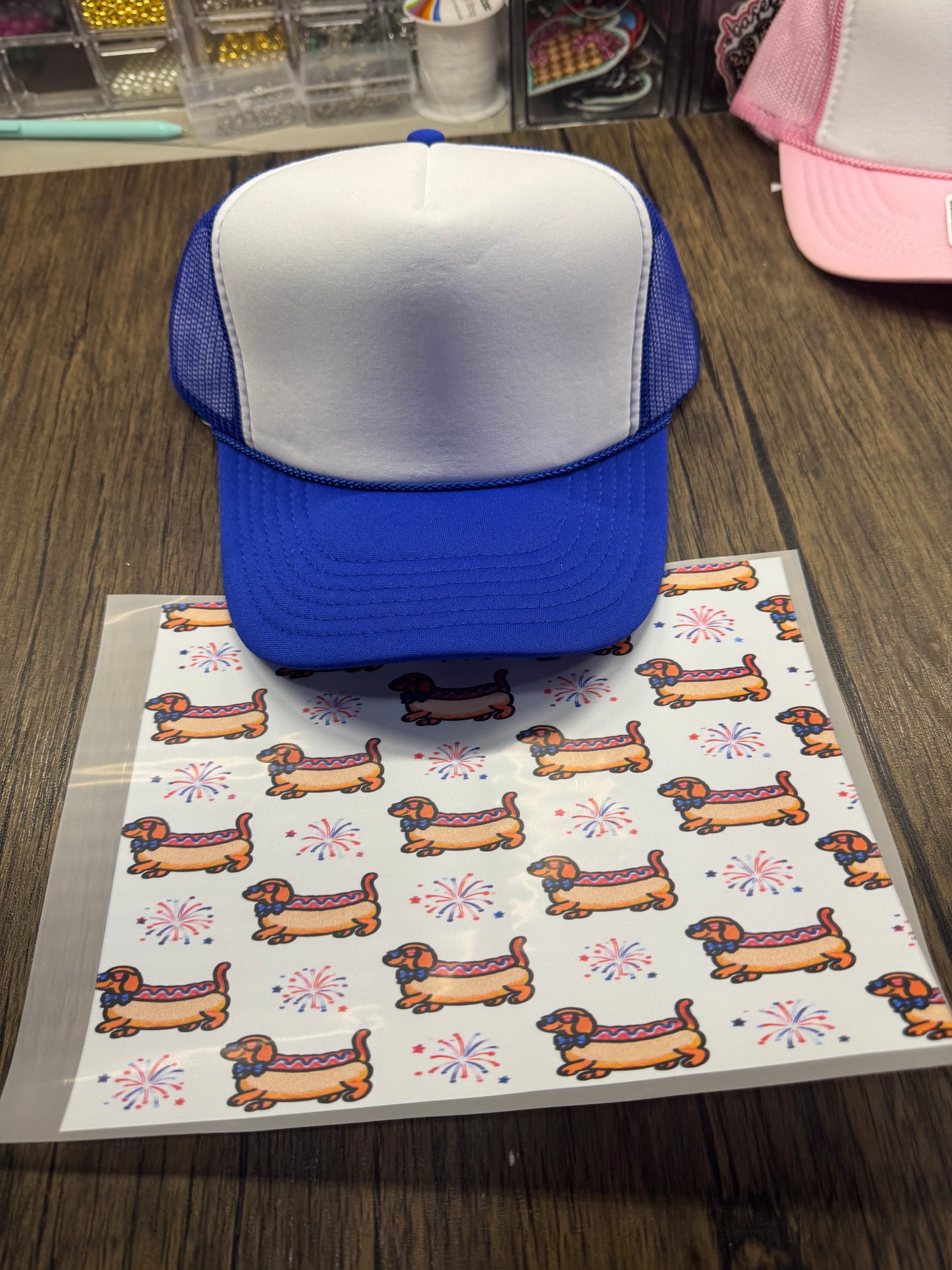 Patriotic Weenie Dog Fireworks Single Hat Bill DTF Prints