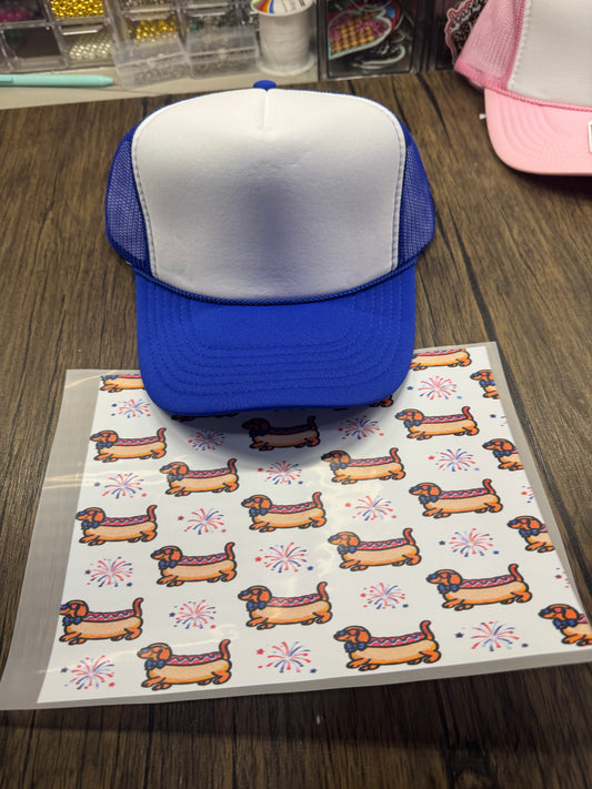Patriotic Weenie Dog Fireworks Single Hat Bill DTF Prints